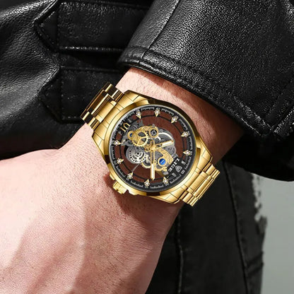 LIGE Quality Luxury Stainless Steel Skeleton Quartz Watch Gold