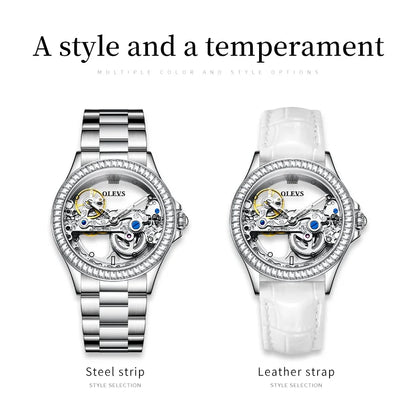 OLEVS Luxury Silver Fully Hollow Out Mechanical Watch for with Diamond