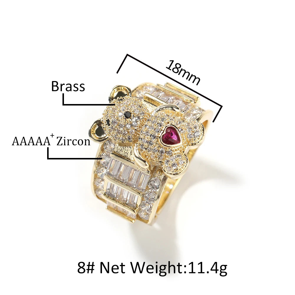 THE BLING KING 3D Love Teddy Bear Ring Iced Out 5A+ Baguettecz Cubic Zirconia Ring