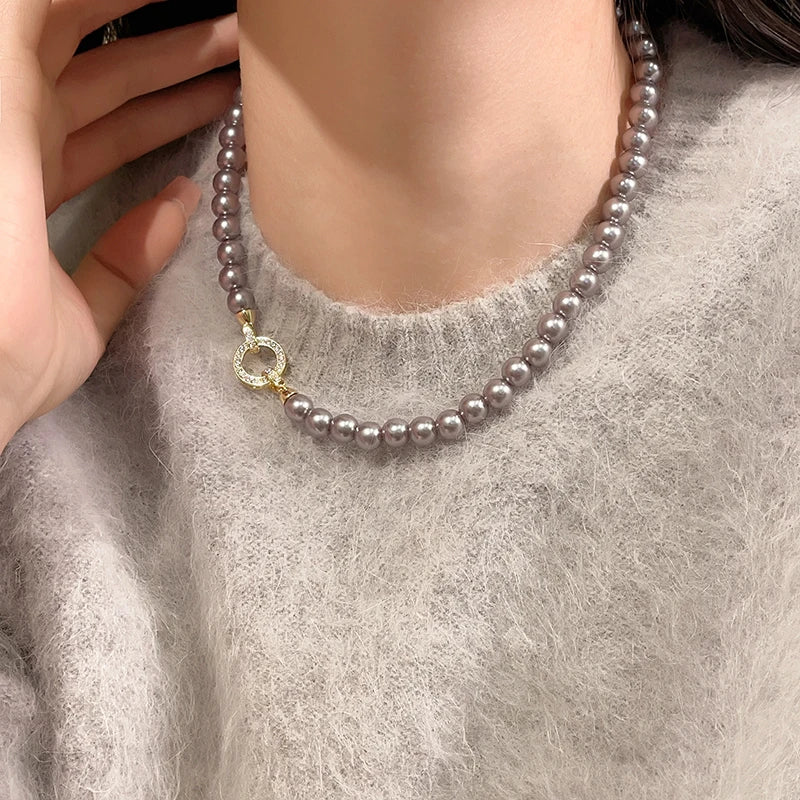 French Elegant Necklace For Women - Zircon Round Buckle Imitation Pearl Beaded Necklace