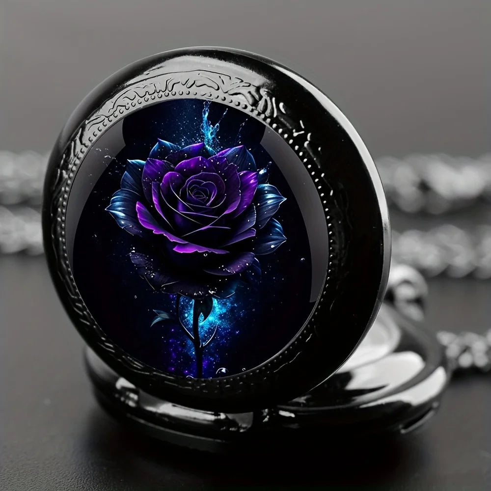 SOXY Retro Purple Rose Quartz Movement Pocket Watch With Stylish Black Necklace Chain