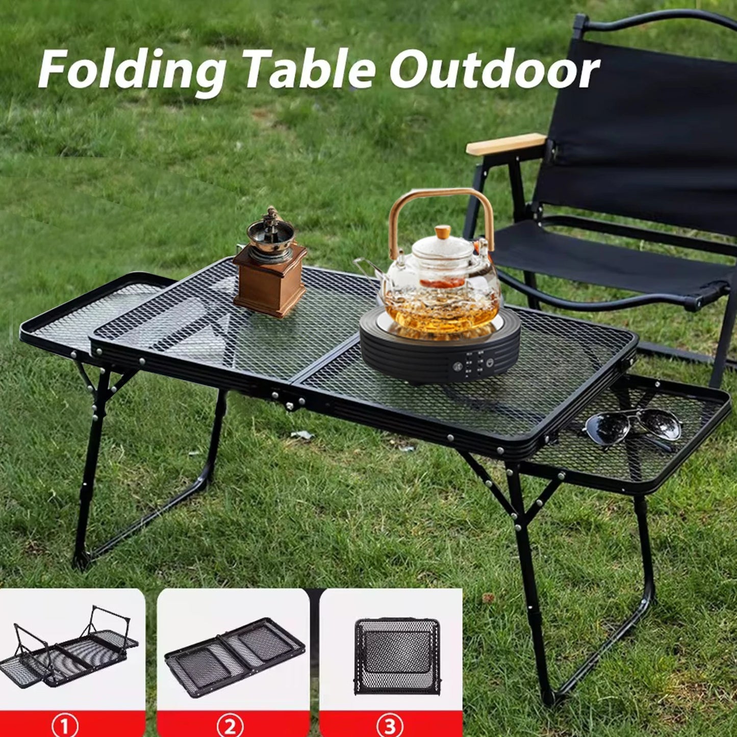 Outdoor Portable Iron Mesh Folding Table With Lifting Extention Shelf