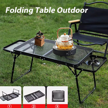 Outdoor Portable Iron Mesh Folding Table With Lifting Extention Shelf