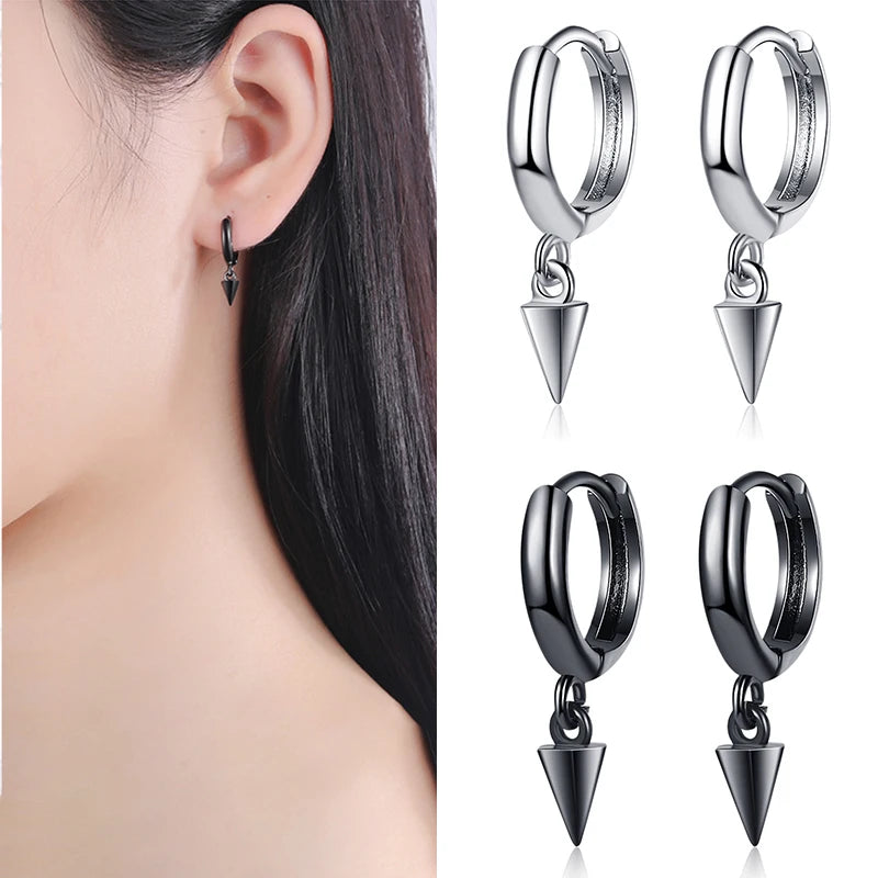 MEETSOFT Trendy 925 Sterling Silver Cone Black & Silver Hoop Earrings