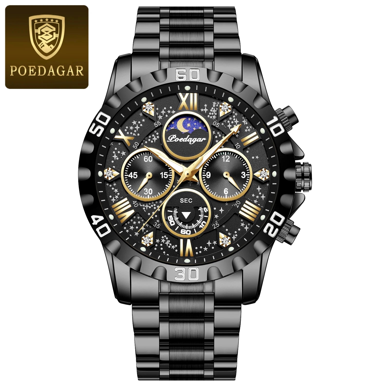 POEDAGAR Luxury Men Stainless Steel Quartz Watch - Waterproof, Luminous, Date&Week