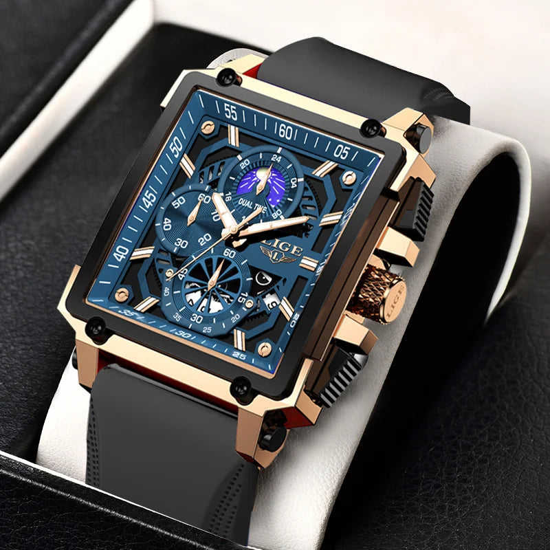 LIGE Quality Luxury Hollow Square Watch For Men with Silicone Strap - Waterproof, Quartz Clockwork+Box