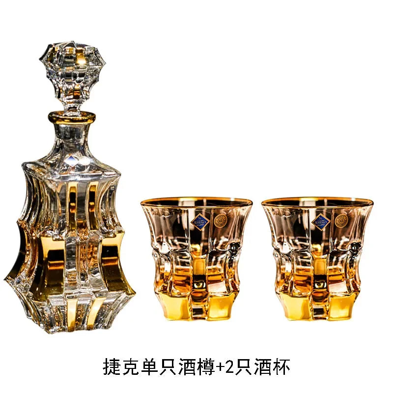 Household Crystal Glass Whiskey Wine Cup and Bottle Set Light Luxury Gold Painting High End Wine Utensils Bar Wine Glass Set