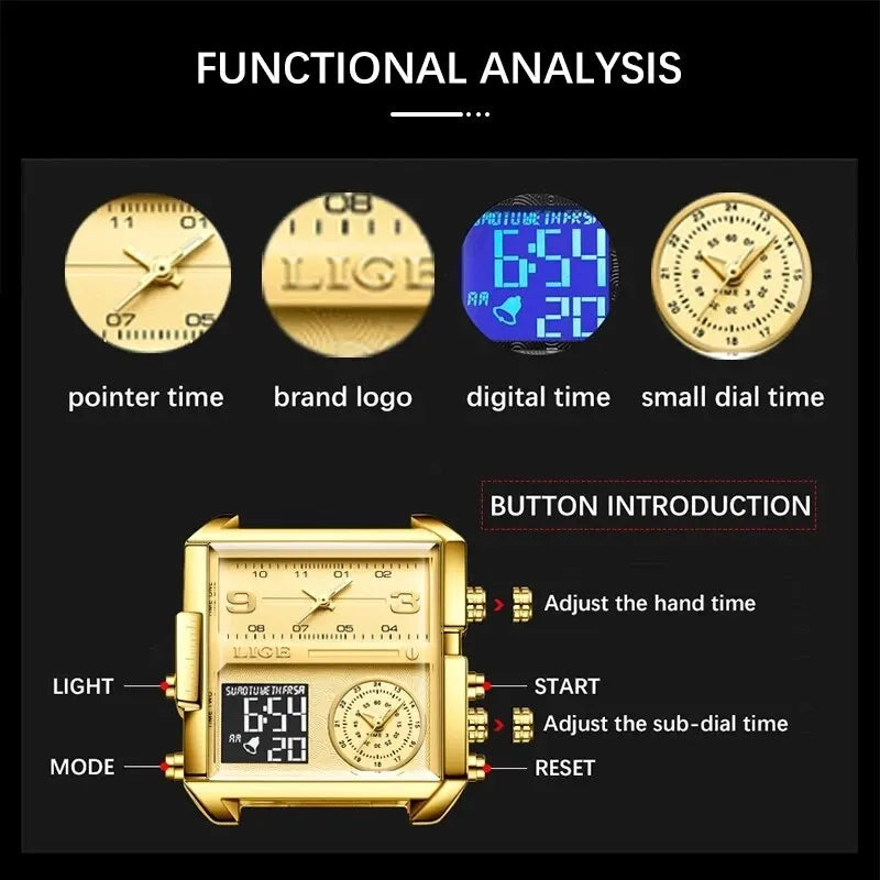 LIGE Quality Luxury Stainless Steel Gold Watch - Quartz Clockwork, Waterproof, Dual Display With Box