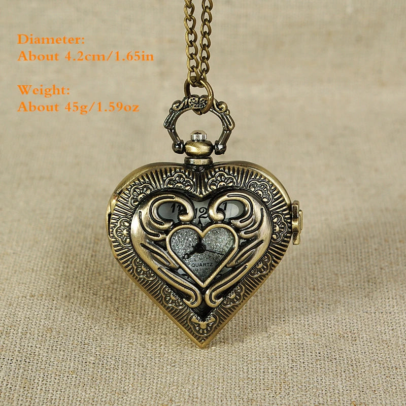 Waknoer Vintage Bronze Heart Shape Design Pendant Quartz Pocket Watch with Necklace Chain