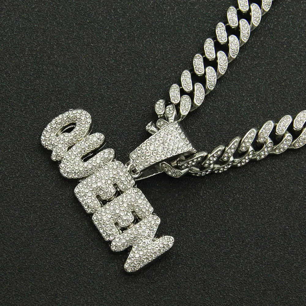 Yuzz Iced Out Queen Letter Pendant & Cuban Chain Necklace