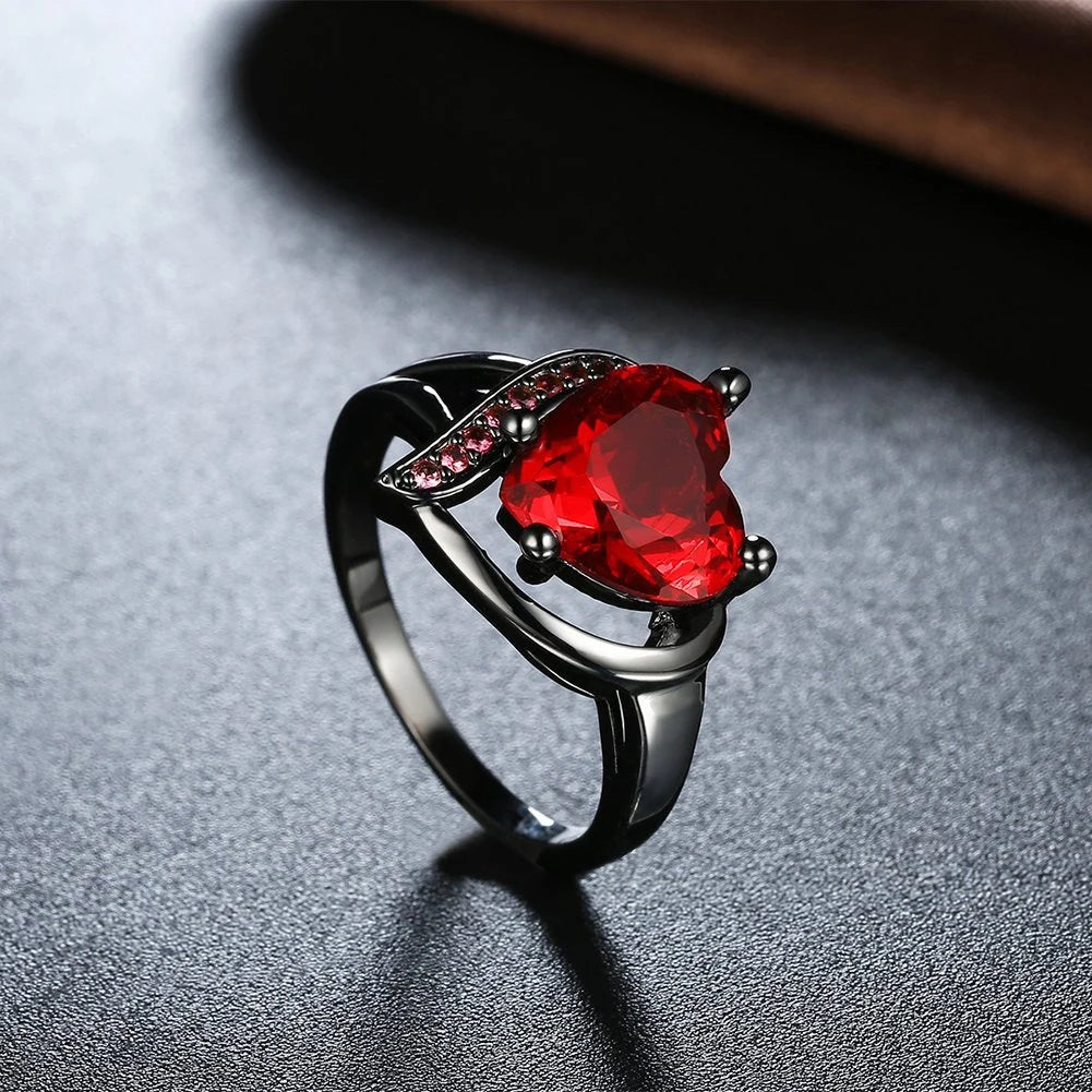 Romantic Stainless Steel Couple Rings With Red Rhinestones Zircon