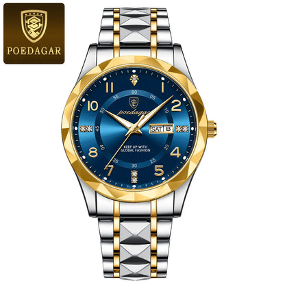 POEDAGAR Luxury Men Stainless Steel Quartz Watch - Waterproof, Date/Week & Luminous