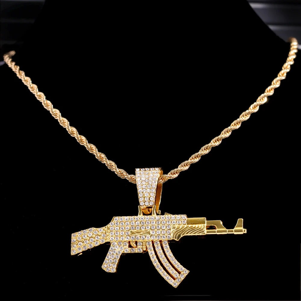 ESTRELLADEMAR Iced Out Crystal AK47 Gun Pendant With Chain Or Cuban Necklace