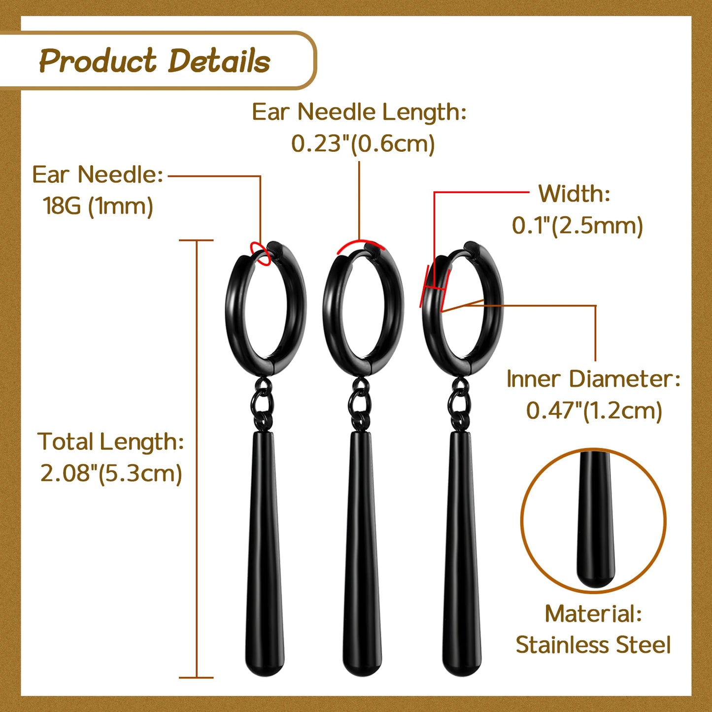 BONISKISS 3 Stainless Steel Roronoa Dangle Earrings in Gold, Silver & Black