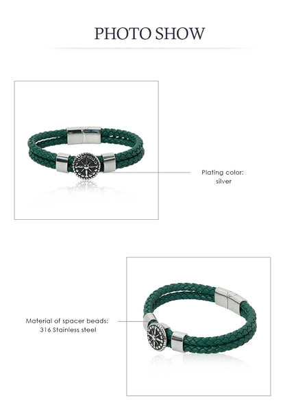 Genuine Leather Compass Bracelet For Men & Woman - Double Layer Braided Bracelet