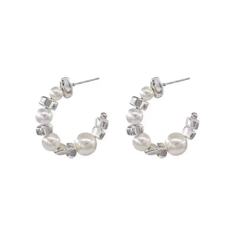 zhenshecai Exquisite C Shape Earrings Irregular Silver Color Beaded & Pearl Semicircular Dangle Earrings