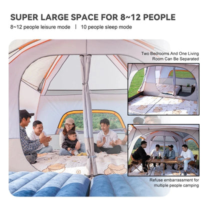 Outdoor Camping Family Tent 3-12 Persons - Double Layers Oversize 2 Rooms Thickened Rainproof.