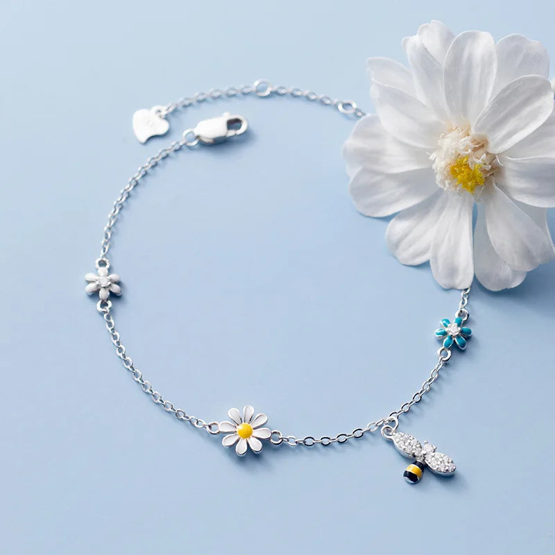 Silver Flower Bracelet With Zircon For Women - 925 Sterling