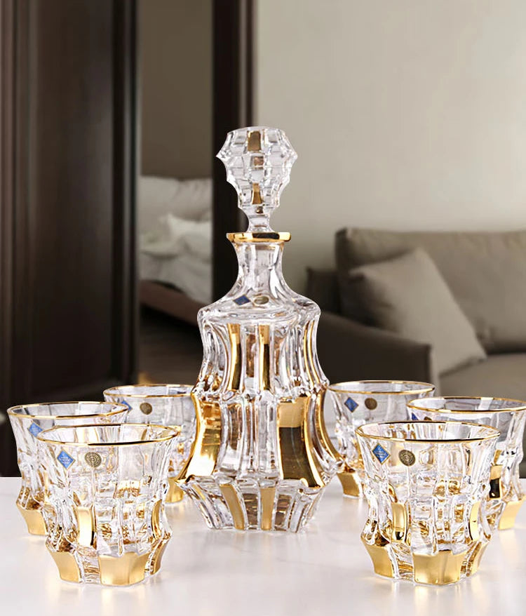 Household Crystal Glass Whiskey Wine Cup and Bottle Set Light Luxury Gold Painting High End Wine Utensils Bar Wine Glass Set