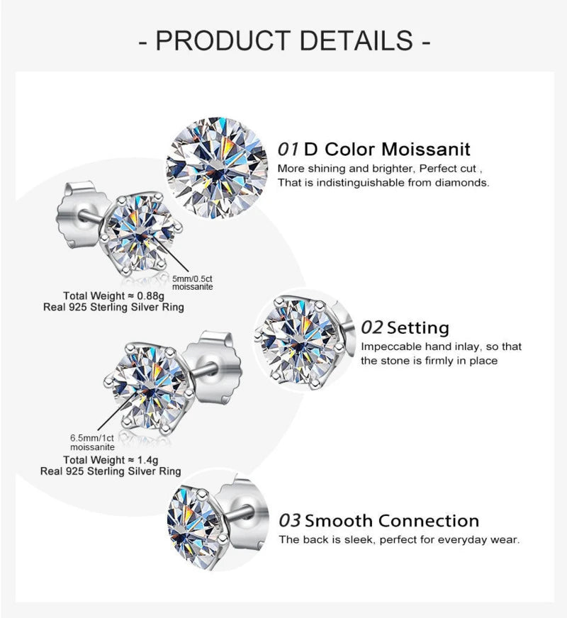 JoyceJelly Multiple Colour Moissanite 0.5/1CT VVS1 D Color S925 Sterling Silver Stud Earrings