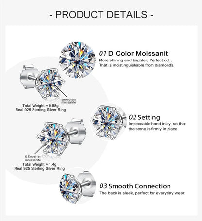 JoyceJelly Multiple Colour Moissanite 0.5/1CT VVS1 D Color S925 Sterling Silver Stud Earrings