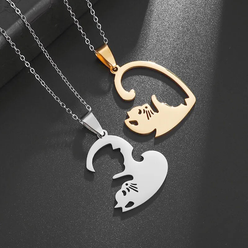 Hugging Love Cat & Horse Couple Pairing Stainless Steel Necklace