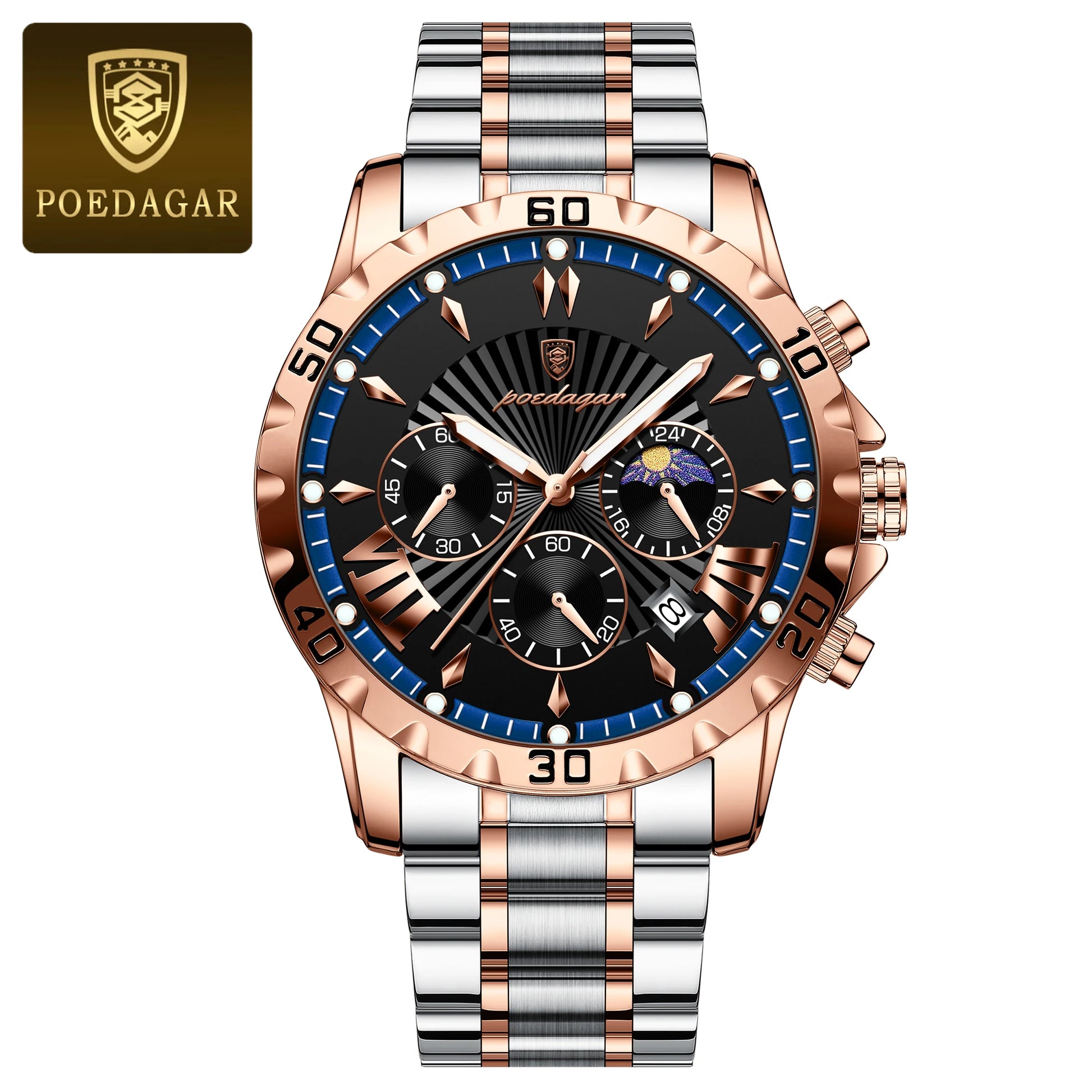 POEDAGAR Luxury Stainless Steel Quartz Chronograph Watch - Waterproof, Luminous, Date And Box