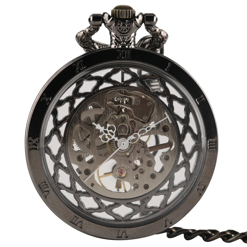 YISUYA Luxurious & Elegant Steampunk Style Glass Transparent Hand Wind Mechanical Pocket Watch with Chain