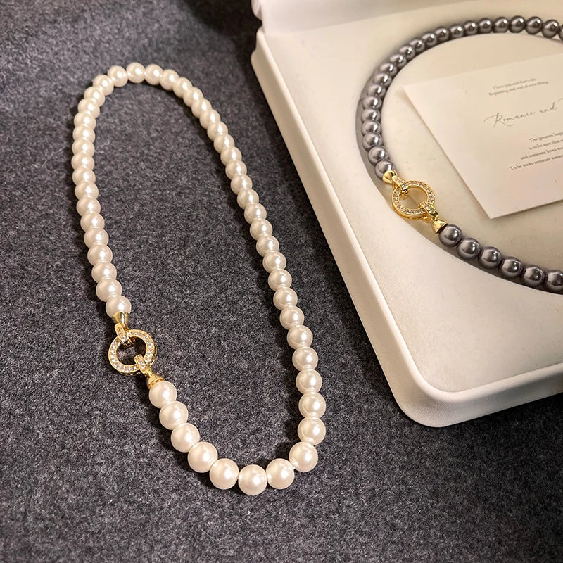 French Elegant Necklace For Women - Zircon Round Buckle Imitation Pearl Beaded Necklace