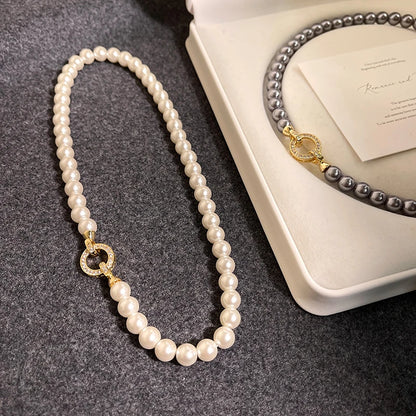 French Elegant Necklace For Women - Zircon Round Buckle Imitation Pearl Beaded Necklace