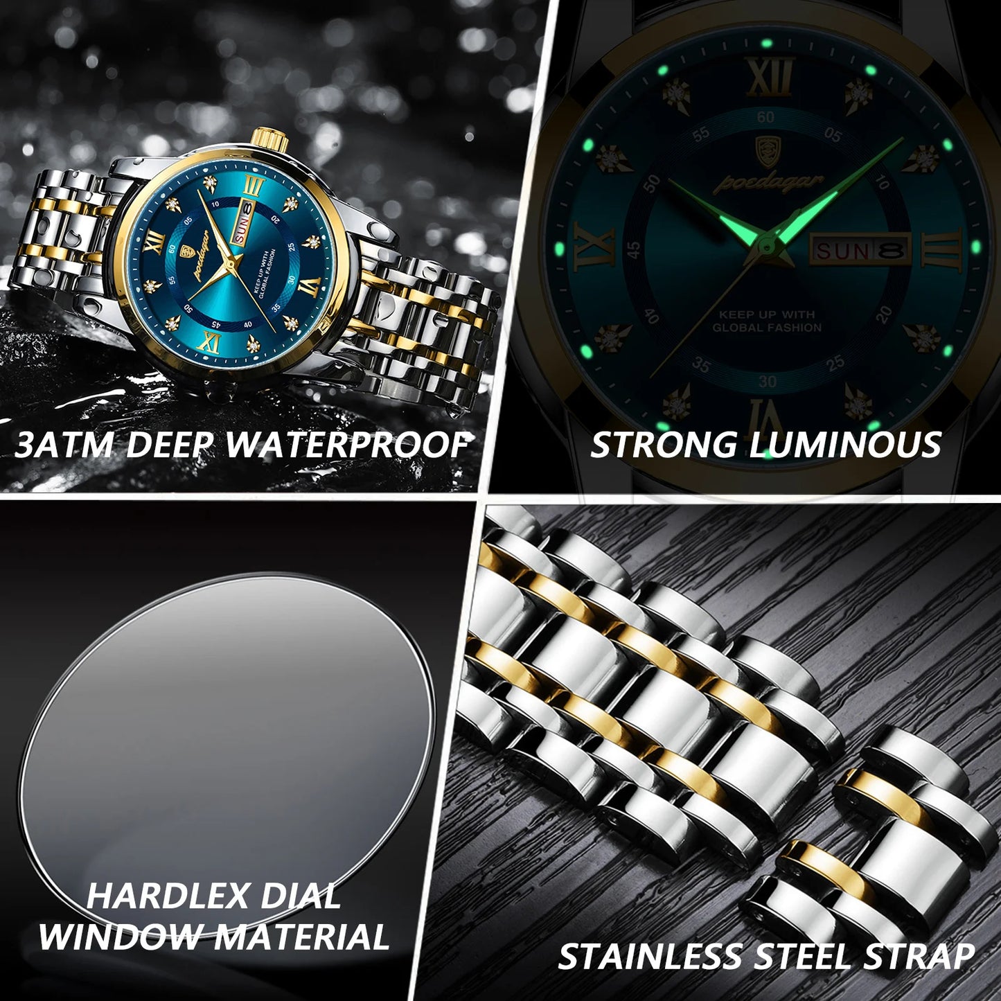 POEDAGAR Luxury Men Stainless Steel Quartz Watch - Waterproof, Date/Week & Luminous With Box