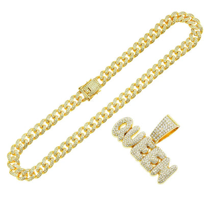 Yuzz Iced Out Queen Letter Pendant & Cuban Chain Necklace