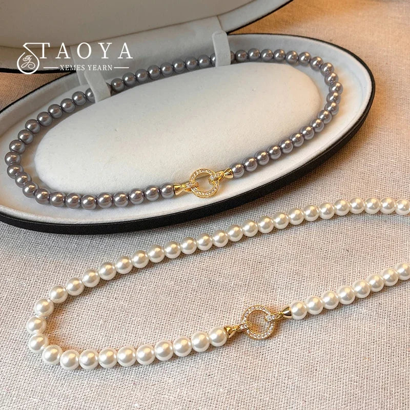 French Elegant Necklace For Women - Zircon Round Buckle Imitation Pearl Beaded Necklace