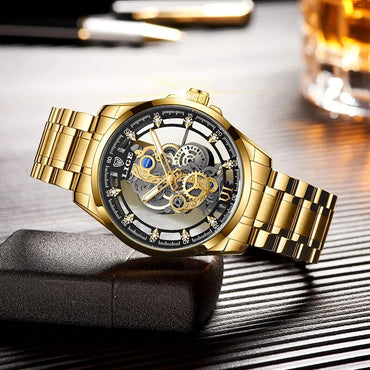 LIGE Quality Luxury Stainless Steel Skeleton Quartz Watch Gold