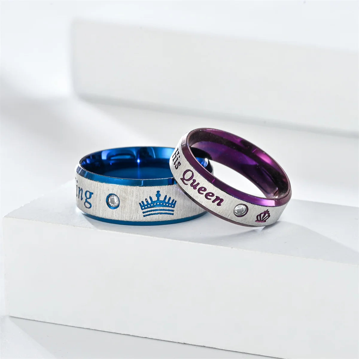 Fashion Stainless Steel Couple King & Queen With Zircon Rings