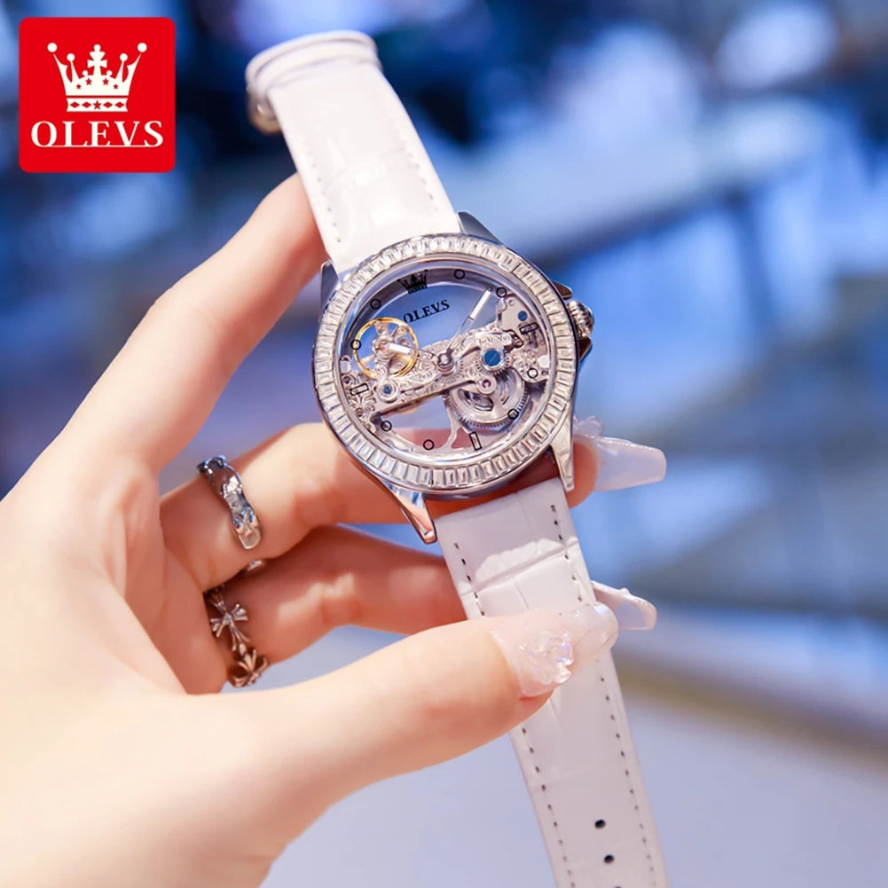 OLEVS Luxury Silver Fully Hollow Out Mechanical Watch for with Diamond