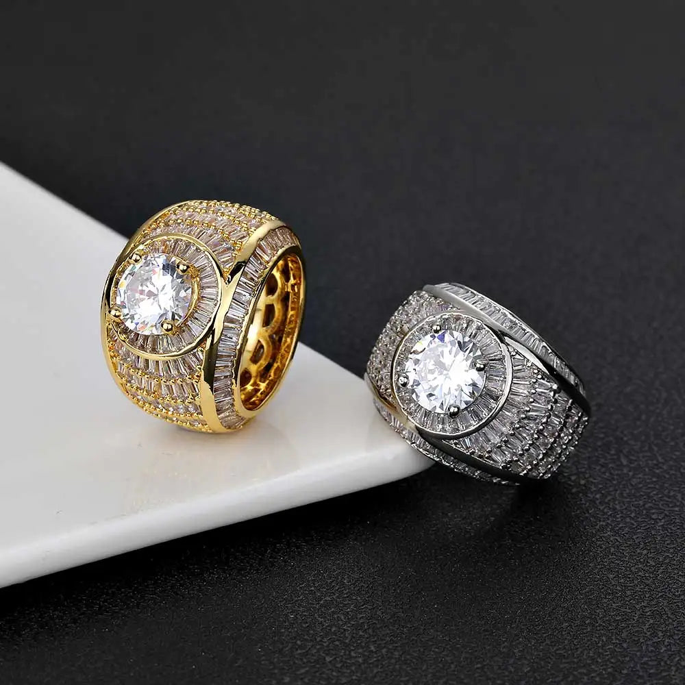 Luxury Iced Out Lab Silver/18k Simulated Big Diamond Micro Pave CZ Pinky Ring