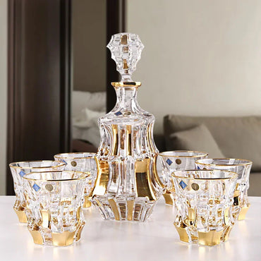 Household Crystal Glass Whiskey Wine Cup and Bottle Set Light Luxury Gold Painting High End Wine Utensils Bar Wine Glass Set