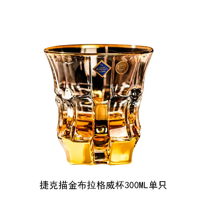 Household Crystal Glass Whiskey Wine Cup and Bottle Set Light Luxury Gold Painting High End Wine Utensils Bar Wine Glass Set