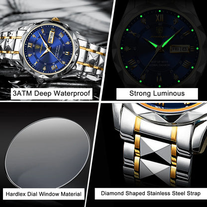 POEDAGAR Luxury Men Stainless Steel Quartz Watch - Waterproof, Date/Week & Luminous Date And Box