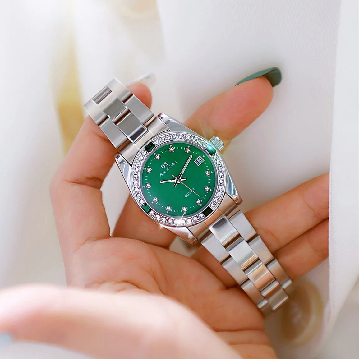 Brand Watch for Women Luxury style Gold/Blue/Green Rhinestone And Waterproof With Steel Strap In Box