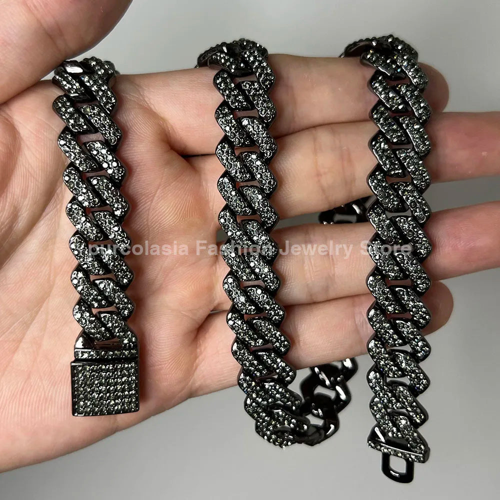 Horsewhip Cuban Link Chain 14mm Iced Out With Rhinestones In Black/Grey/Silver/Purple Necklace