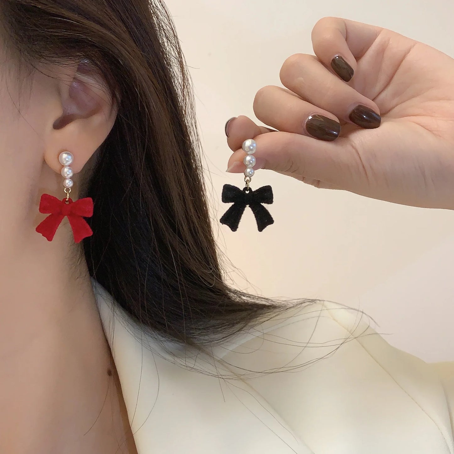 Lea Seoul Red & Black Cloth Bowtie With Pearl Earrings