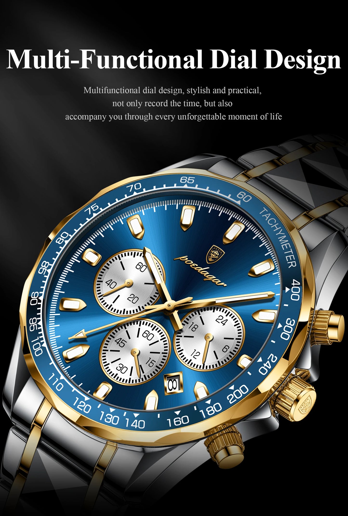 POEDAGAR Luxury Stainless Steel Quartz Chronograph Watch - Waterproof, Luminous, Date And Box