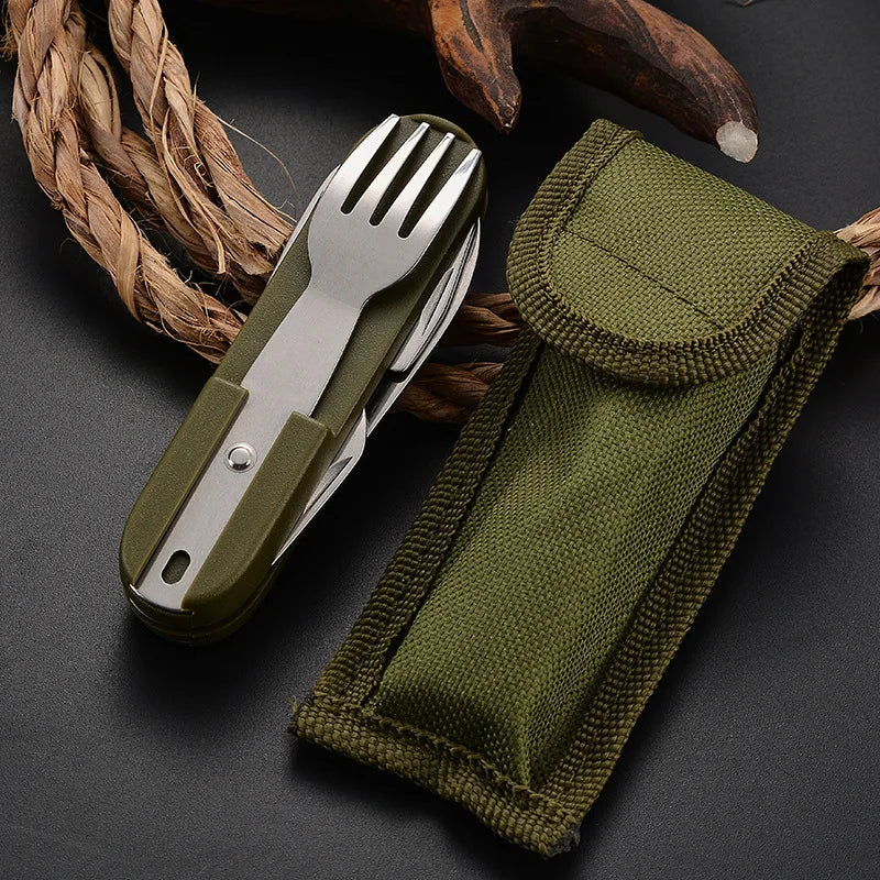 Outdoor 7 In 1 Multifunctional Stainless Steel Foldable Fork Spoon Knife Tableware