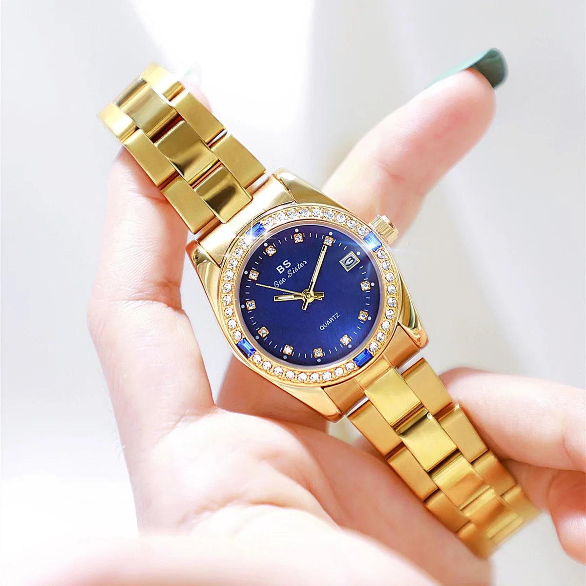 Brand Watch for Women Luxury style Gold/Blue/Green Rhinestone And Waterproof With Steel Strap In Box