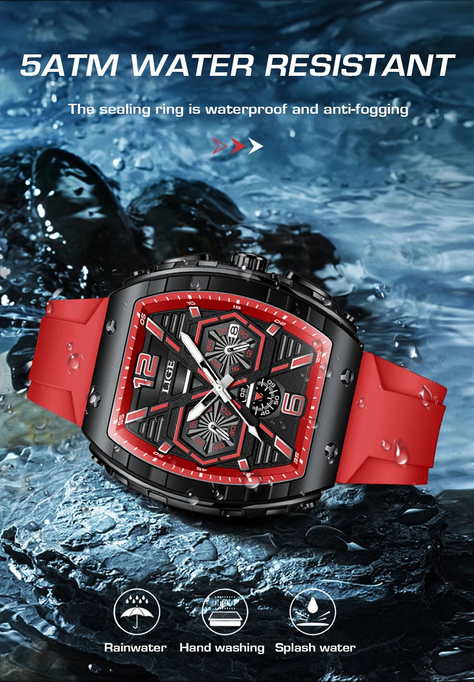 LIGE Quality Luxurious Chronograph Watch - Silicone strap - Quartz Clockwork, Waterproof With Box