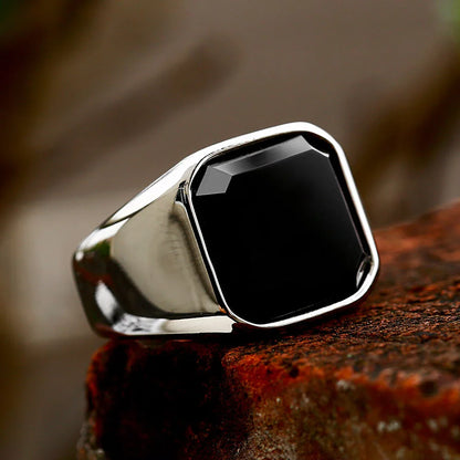 NORTHMAN Simple Stainless Steel Signet With Zircon Black Agate Stone