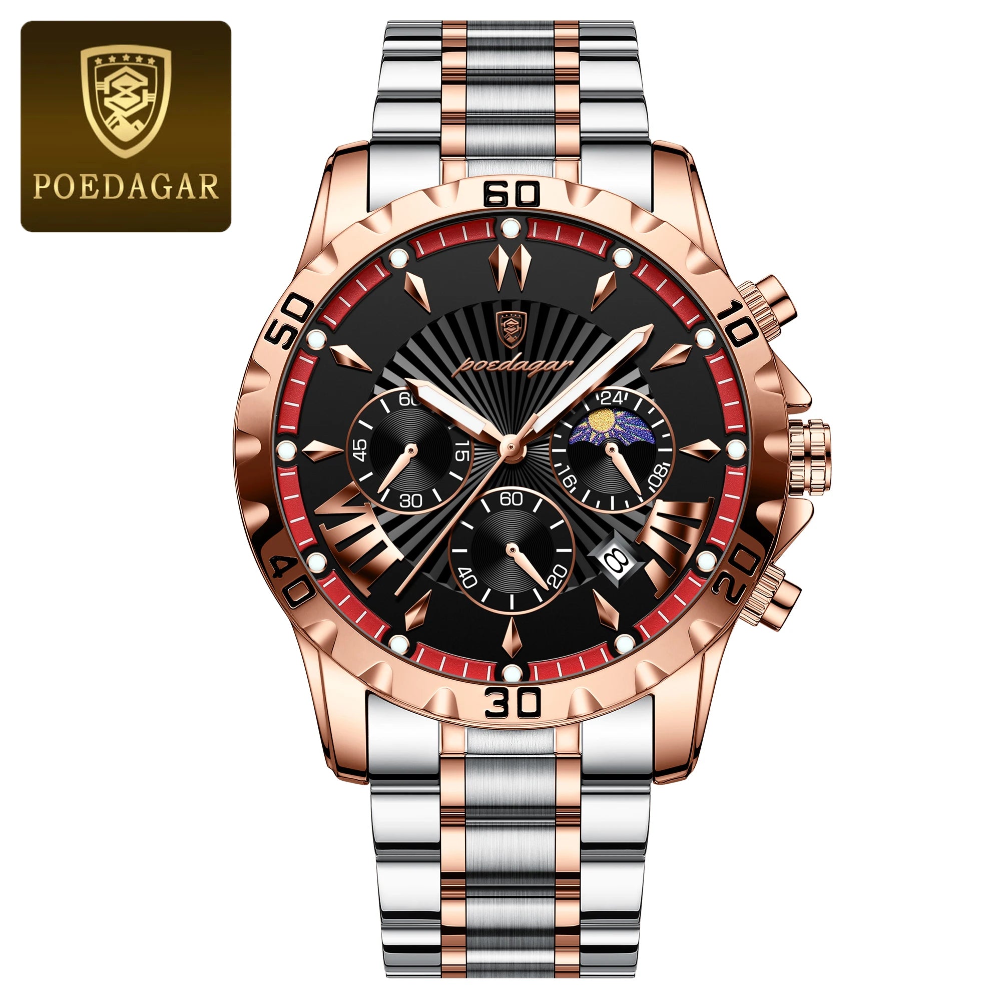 POEDAGAR Luxury Stainless Steel Quartz Chronograph Watch - Waterproof, Luminous, Date And Box