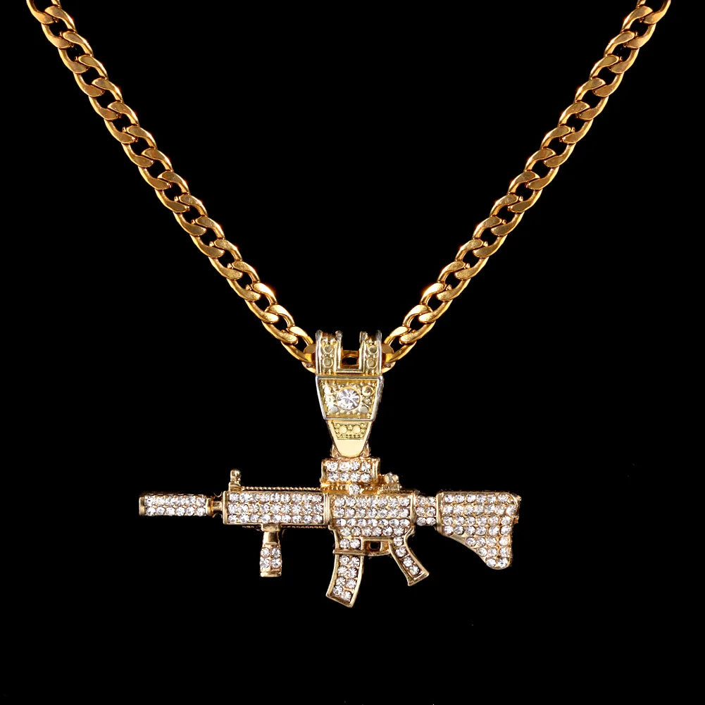 PEZDEMAR Iced Out Crystal M16 Gun Pendant With Chain Or Cuban Necklace